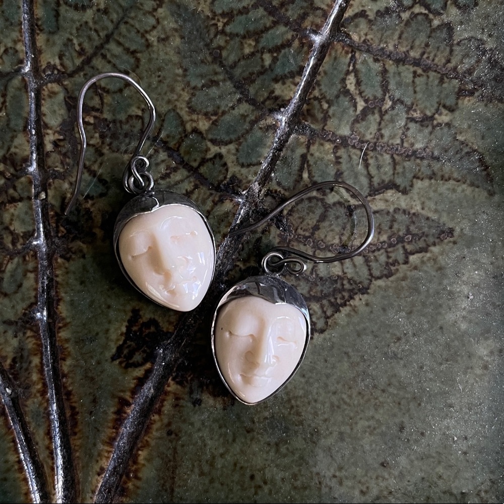 Bali Hand Carved Bone Face Sterling Silver Earrings